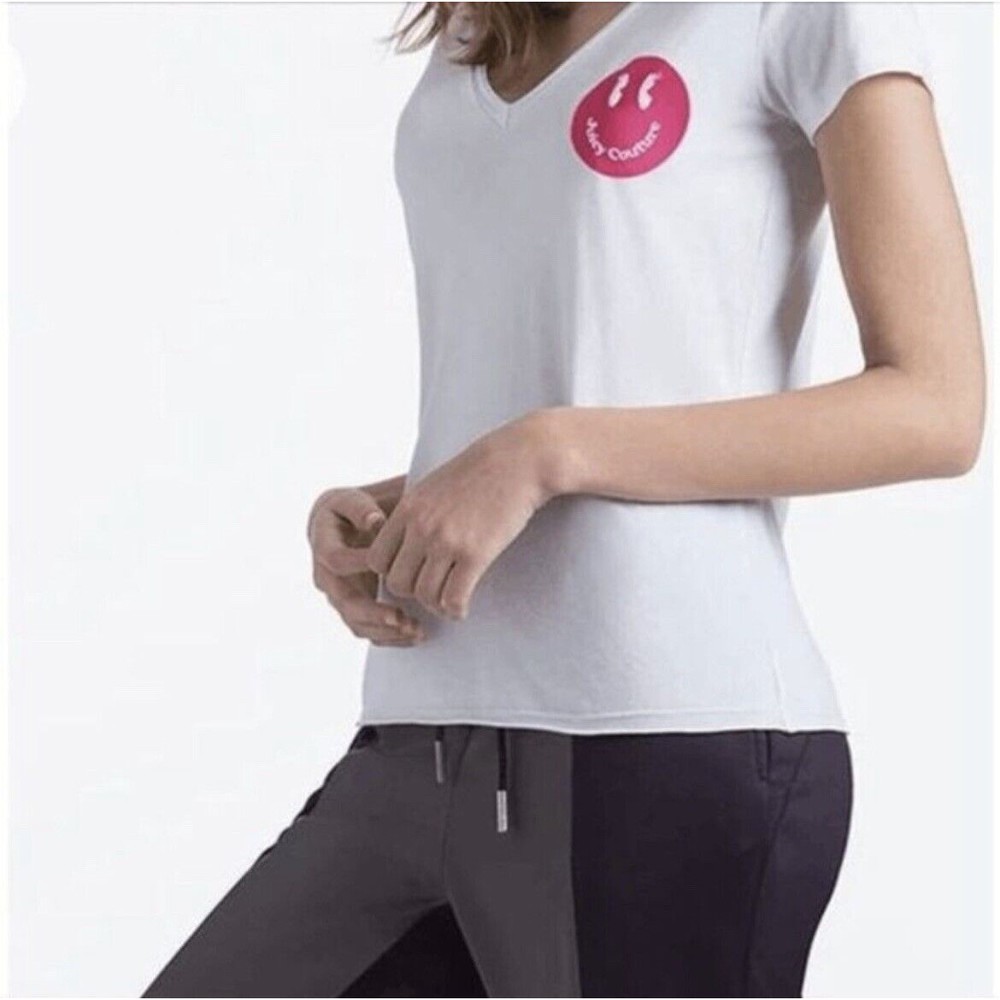 NWT Juicy Couture Sz Small Smile Cotton Modal V-Neck Short Sleeve White T Shirt